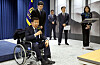 Yu Chul-hwan, left, a former senior judge, greets reporters after he is named as new chairperson of the Anti-Corruption and Civil Rights Commission in a press briefing at the Yongsan presidential office in central Seoul Wednesday. [JOINT PRESS CORPS]