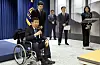 Yu Chul-hwan, left, a former senior judge, greets reporters after he is named as new chairperson of the Anti-Corruption and Civil Rights Commission in a press briefing at the Yongsan presidential office in central Seoul Wednesday. [JOINT PRESS CORPS]
