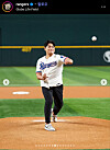 Former Texas Rangers player Choo Shin-soo throws out the ceremonial first pitch before the Rangers' home game against the Cleveland Guardians at Globe Life Field in Arlington, Texas, on Aug. 22. in this photo captured from the Rangers' Instagram page. [YONHAP]