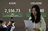 A screen in Hana Bank's trading room in central Seoul shows the Kospi closing at 2,556,73 points on Thursday, down 0.45 percent, or 11.68 points, from the previous trading session. The Kosdaq dropped 0.44 percent, or 3.26 points, to 745.28. [YONHAP]