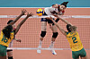 Kim Yeon-koung, center, hits the ball during the women's volleyball semifinal match between Brazil and Korea at the 2020 Summer Olympics on Friday in Tokyo. [AP/YONHAP]