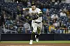 San Diego Padres third baseman Kim Ha-seong throws to first for the out on Pittsburgh Pirates' Todd Frazier during the ninth inning of a baseball game in San Diego on Wednesday. [AP/YONHAP]