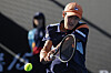 Kwon Soon-woo plays a backhand return to Christopher Eubanks during their first round match at the Australian Open tennis championship in Melbourne, Australia on Monday.  [AP/YONHAP]