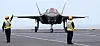 An F-35B stealth fighter jet prepares for takeoff as the British aircraft carrier HMS Queen Elizabeth and its fleet sailed in the East Sea Tuesday for a joint marine drill with Korea for humanitarian and disaster relief missions. [JOINT PRESS CORPS]
