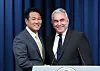 Korean Principal Deputy National Security Adviser Kim Tae-hyo, left, and Kurt Campbell, White House Indo-Pacific coordinator, shake hands at a joint press conference after the inaugural session of the Nuclear Consultative Group at the presidential office in Yongsan, central Seoul, Tuesday. [JOINT PRESS CORPS]