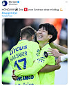 An image posted by the official K.A.A. Gent Twitter account shows Hong Hyun-seok, right, celebrating with Andrew Hjulsager after scoring his second goal in a Belgian Pro League game against Eupen at Kehrwegstadion in Eupen, Begium on Sunday.  [SCREEN CAPTURE]