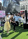 A makeup artist demonstrates a K-pop idol eye makeup look on the model at the Hongdae booth of the '2024 Korea Beauty Festival' in Mapo District, western Seoul, on Saturday. [KIM JI-YE]
