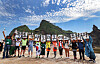 A group of artists and cyclists visit the Dokdo islets on Thursday in advance of Liberation Day on Aug. 15. They hold hangul letters that read, ’Let’s preserve the history of Dokdo eternally.“ [YONHAP]