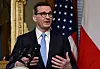 Polish Prime Minister Mateusz Morawiecki speaks to reporters after a meeting with U.S. Vice President Kamala Harris at the Vice President's Ceremonial Office of the Eisenhower Executive Office Building in Washington on Tuesday. [AFP/YONHAP]