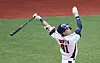 Korea's Yoon Dong-hee hits a solo home run at the bottom of the second inning of a Hangzhou Asian Games group stage baseball game against Thailand in Hangzhou, China on Tuesday. [YONHAP]