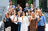 First lady Kim Keon-hee, center in the first row, visits a Korean language institute in Vilnius, Lithuania, on Tuesday. [PRESIDENTIAL OFFICE]