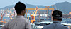 A fresh nameplate reading 'Hanwha Ocean' is visible on a large crane at the company's shipyard in Geoje, South Gyeongsang, on Tuesday, following the rebranding of Korean shipbuilder Daewoo Shipbuilding & Marine Engineering as Hanwha Ocean in May. [YONHAP]