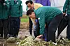 President Yoon Suk Yeol examines the damages from the recent torrential rains during a visit to a watermelon farm in Hwajeong-ri in Nonsan, South Chungcheong, on Tuesday. On Wednesday, Yoon designated 13 areas, including Nonsan, as special disaster zones. [PRESIDENTIAL OFFICE]