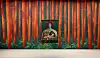 Installation view of ″Nicolas Party: Dust″ at the Hoam Museum of Art. The wall mural is titled ″Tree Trunks,″ and the painting is ″Portrait with Mushrooms″ (2019). [HOAM MUSEUM OF ART]