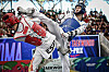Jang Jun, right, kicks Adrian Vicente of Spain in the men's flyweight semifinals of the World Taekwondo Grand Prix at the Foro Italico in Rome, Italy on Saturday. [WORLD TAEKWONDO]