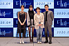 From left, actors Lee You-young, Shin Min-a, director Cho Seul-ye and actor Lee Kyoo-hyung pose for the camera at an online press event of their upcoming film 'Diva.' [MEGABOX M PLUS]
