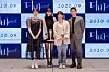 From left, actors Lee You-young, Shin Min-a, director Cho Seul-ye and actor Lee Kyoo-hyung pose for the camera at an online press event of their upcoming film 'Diva.' [MEGABOX M PLUS]