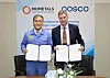 Kim Ki-soo, left, head of Posco's low-carbon process R&D center, and Friedemann Plaul, head of iron at Primetals Technologies, pose for a photo after signing an agreement to jointly develop technologies to build an eco-friendly steelmaking plant. [POSCO]