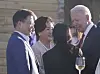 President Moon Jae-in, left, and his wife, Kim Jung-wook, second from left, talk to U.S. President Joe Biden, right, before a dinner at the Group of Seven summit in Cornwall, England, on Saturday. [YONHAP]