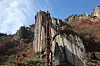 Visitors to the red staircase in Mount Daedun in Wanju County, North Jeolla, walk up, hands tightly holding onto the handles on both sides, or take a break to pose for a photo. [LEE SUN-MIN]