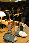 Visitors to the Seoul Living Design Fair 2023 take a look at products and booths made out of leftover wood materials from construction sites and waste tires. Participating companies in the design fair will exhibit furniture, interior design efforts and construction products at COEX in southern Seoul until Friday. [YONHAP]