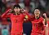 Son Heung-min, left, celebrates with Hwang Hee-chan after scoring during a quarterfinal match between Korea and Australia at the Asian Cup in Doha, Qatar on Feb. 2. [XINHUA/YONHAP]