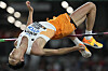 Korea's Woo Sang-hyeok makes an attempt in the men's high jump final during the World Athletics Championships in Budapest, Hungary on Tuesday. Woo, who took silver last year, cleared 2.29 meters to finish in sixth place.  [AP/YONHAP]