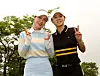 Kim Ha-neul, left, and Choi Na-yeon pose for a photo at Pinx Golf Club in Seogwipo, Jeju on May 17. [KPGA]