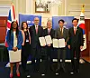 From left, British Secretary of State for Business and Trade Kemi Badenoch, UCL Vice President Angharad Milenkovic, UCL Executive Dean Faculty of Engineering Sciences Nigel Titchener-Hooker, UCL President Michael Spence, Hyundai Motor Senior Vice President Kim Dong-wook and Minister of Trade, Industry and Energy Bang Moon-kyu pose for a photo after signing a memorandum of understanding for research and development cooperation in hydrogen-related technology in London. [HYUNDAI MOTOR]