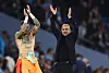 Manchester City manager Pep Guardiola, right, celebrates with Ederson after beating Real Madrid in the second leg of the Champions League semifinals at Etihad Stadium in Manchester, England on Wednesday. [REUTERS/YONHAP]