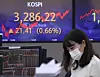 A screen in Hana Bank's trading room in central Seoul shows the Kospi closing at 3,286.22 points on Thursday, up 21.41 points, or 0.66 percent, from the previous trading day. [NEWS1]