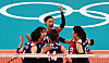 Kim Yeon-koung and her teammates cheer after scoring in their women's volleyball group stage match against Japan. [YONHAP]