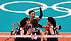 Kim Yeon-koung and her teammates cheer after scoring in their women's volleyball group stage match against Japan. [YONHAP]