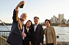 From left, Australia's Prime Minister Scott Morrison, first lady Jennifer Morrison, President Moon Jae-in and first lady Kim Jung-sook, pose for a selfie after their state dinner in Sydney Tuesday. Moon later shared the photo on his Facebook account Wednesday, wrapping up his four-day state trip to Australia. [FACEBOOK]