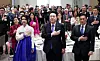 President Yoon Suk Yeol, center, and first lady Kim Keon-hee, left, take part in a dinner banquet with Korean compatriots at a hotel in Washington on Monday. [JOINT PRESS CORPS]