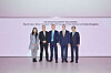 SM Entertainment executives and British envoys pose for a photo at SM Entertainment's headquarters in Seongsu-dong, eastern Seoul on Tuesday. From left are SM Entertainment CGO Mina Choi, Director of the British Council in Korea Paul Clementson, U.K. Deputy Prime Minister Oliver Dowden, British Ambassador to Korea Colin Crooks and Jang Cheol-hyuk. [SM ENTERTAINMENT]