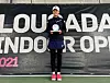 Ku Yeon-woo celebrates winning the women's single trophy at the International Tennis Federation (ITF) Lousada Indoor Open at Lousada, Portugal on Sunday. [SPORTIZEN/YONHAP]