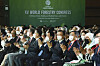 President Moon Jae-in, fifth from far right, applauds during the opening ceremony of the 15th World Forestry Congress at Coex in Gangnam District, southern Seoul, Monday, along with Qu Dongyu, director general of the Food and Agriculture Organization of the United Nations (FAO), sixth from right; Choi Byeong-am, minister of the Korea Forest Service (KFS), fourth from right; and Princess Basma bint Ali of Jordan, third from right. [NEWS1]