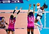 Laetitia Moma Bassoko of GS Caltex Seoul Kixx, right, attacks against Incheon Heungkuk Pink Spiders at Incheon Samsan World Gymnasium in Incheon on Sunday. [NEWS1]