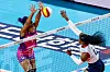 Laetitia Moma Bassoko of GS Caltex Seoul Kixx, right, plays the ball against Katherine Brianna Bell of Incheon Heungkuk Pink Spiders at Incheon Samsan World Gymnasium in Incheon on Sunday. [NEWS1]