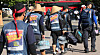 Deliverymen end a two-day sit-in protest in Yeouido, western Seoul, on Wednesday, after coming to an agreement with the logistics companies on improving working conditions.