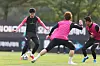 Son Heung-min, left, trains with the Korean football team at the National Football Training Center in Paju, Gyeonggi, on Monday. [YONHAP]