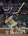 Kim Ha-seong of the San Diego Padres hits a two-run homer in the fifth inning against the Atlanta Braves at Truist Park in Atlanta, Georgia on Sunday. [AFP/YONHAP]