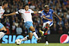 Rangers' Alfredo Morelos, right, is challenged by Napoli's Kim Min-jae during a Champions League Group A match at the Ibrox stadium in Glasgow, Scotland on Wednesday. [AP/YONHAP]