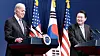 President Yoon Suk-yeol, right, looks at U.S. President Joe Biden at a joint press conference after their first bilateral summit at the presidential office in Yongsan, central Seoul, Saturday. [JOINT PRESS CORPS]