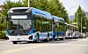 Hyundai Motor's hydrogen-powered buses are demonstrated on Tuesday. [HYUNDAI MOTOR]