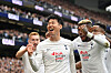 Tottenham Hotspur’s Son Heung-min celebrates after scoring his team’s second goal during a Premier League match against Leicester City at Tottenham Hotspur Stadium in London on Sunday. [AFP/YONHAP]