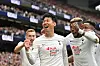 Tottenham Hotspur’s Son Heung-min celebrates after scoring his team’s second goal during a Premier League match against Leicester City at Tottenham Hotspur Stadium in London on Sunday. [AFP/YONHAP]
