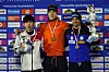 From left: Silver medalist Chung Jae-won of Korea, gold medalist Bart Hoolwerf of the Netherlands and bronze medalist Andrea Giovannini of Italy pose for a photo after the men's mass start final at the ISU Speed Skating World Cup in Tomaszow Mazowiecki, Poland on Sunday. [AP/YONHAP]