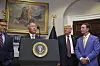 Hyundai Motor Group Executive Chair Euisun Chung announces a $21 billion investment in the United States as U.S. President Donald Trump, second from right, and Louisiana Gov. Jeff Landry, far right, stand in the Roosevelt Room at the White House in Washington on March 24. [AP/YONHAP]